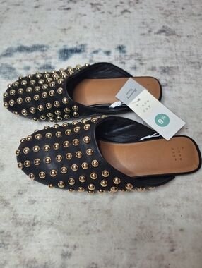 a new day Black Studded Edgy Slip-On Mules Loafers Slides Almond Toe